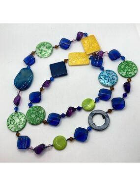 VTG Agate Mother of Pearl Glass Geometric Beaded Knottes Silk Cord Necklace 38”